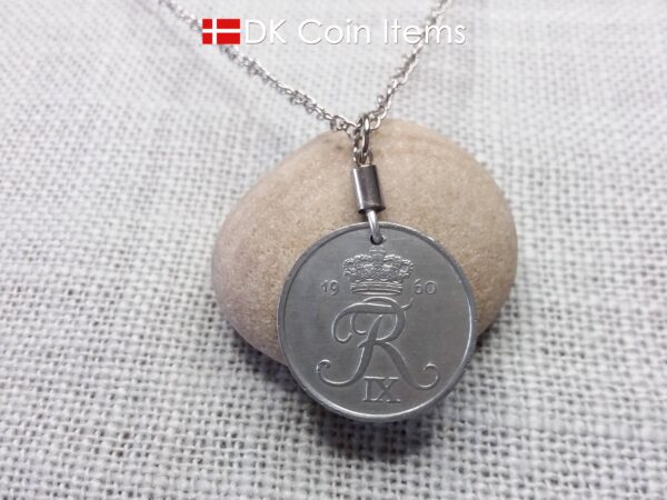 Denmark 1960 Crown R initial coin pendant necklace with 64 year old 5 ore. Unique 64th birthday, 5th anniversary or Danish souvenir gift