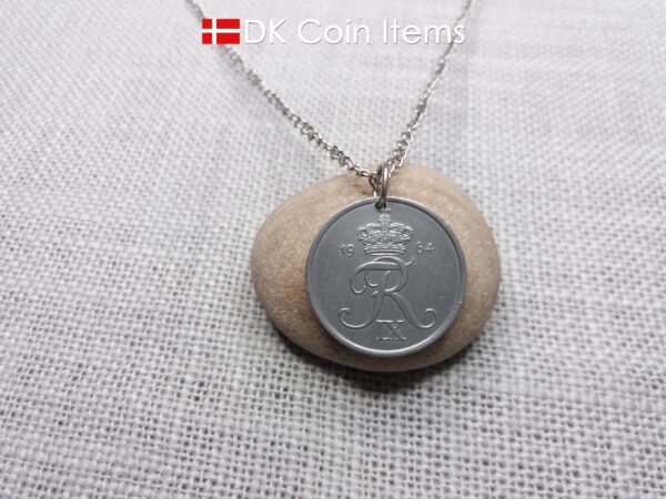 Denmark 1964 Crown R initial coin necklace with 60 year old 5 ore as coin pendant. Unique 60th birthday gift or Danish vintage souvenir