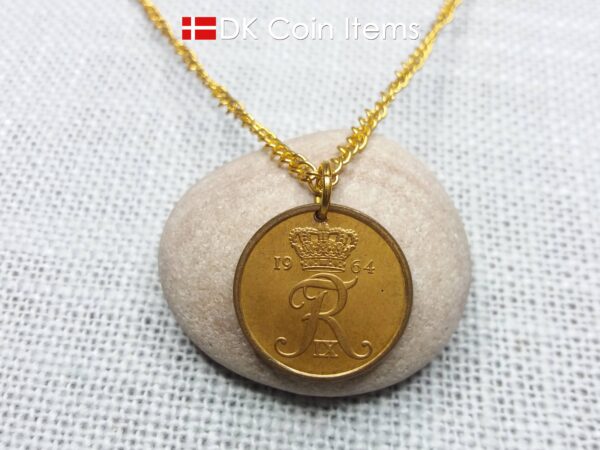 Denmark 1964 coin pendant necklace with Crown R initial. 60 year old 5 ore. 60th birthday gift or Danish vintage souvenir