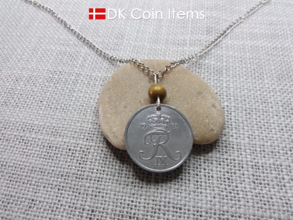 Denmark Crown R 1963 coin necklace with 61 year old 5 ore as coin pendant on greenish tree bead