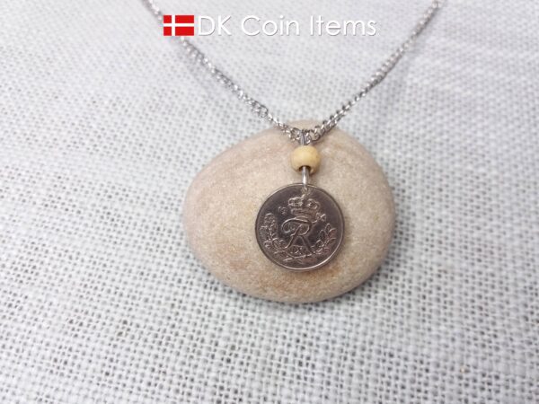 Denmark Crown R 1954 coin necklace with 70 year old 10 ore as coin pendant on wire with tree bead