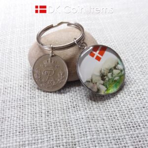 Denmark 1953 coin keychain with 71 year old Crown R-initial 25 ore coin and Stone Age Dolmen painting pendant. Danish vintage souvenir gift