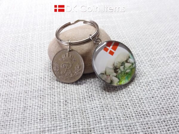 Denmark 1953 coin keychain with 71 year old Crown R-initial 25 ore coin and Stone Age Dolmen painting pendant. Danish vintage souvenir gift