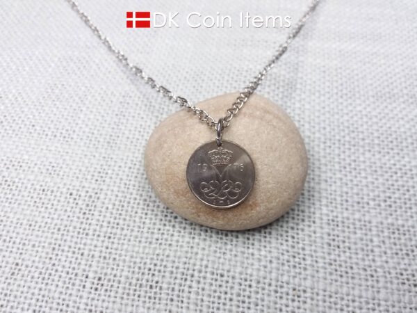 Denmark 1976 coin pendant necklace with 48 year old Crown M initial 10 ore. 48th birthday gift. Danish vintage souvenir