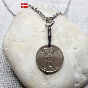 Denmark 1969 coin necklace. 55 year old Crown R initial 10 ore as coin pendant. 55th birthday gift. Danish vintage souvenir