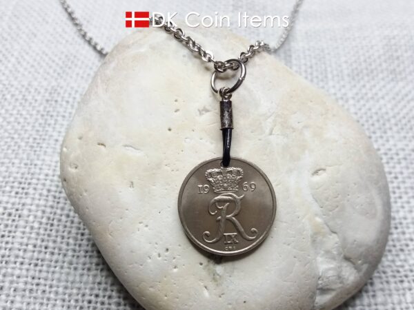 Denmark 1969 coin necklace. 55 year old Crown R initial 10 ore as coin pendant. 55th birthday gift. Danish vintage souvenir