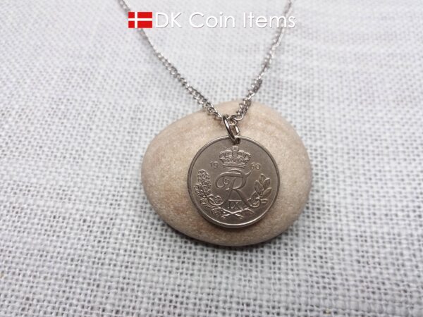 Danish coin pendant necklace with a 1956 Crown R-initial 25 ore. 68th birthday gift. Danish vintage souvenir