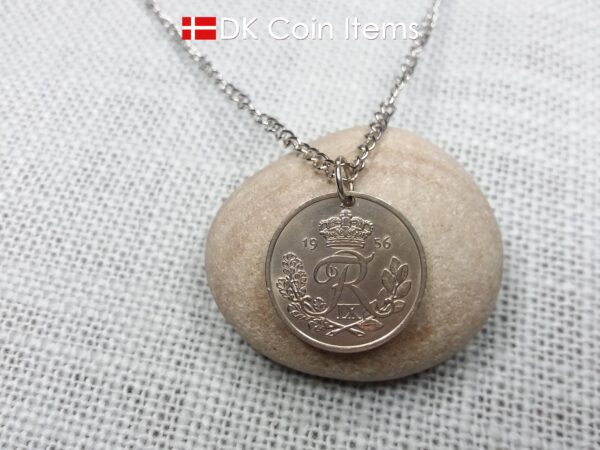 Danish coin pendant necklace with a 1956 Crown R-initial 25 ore. 68th birthday gift. Danish vintage souvenir