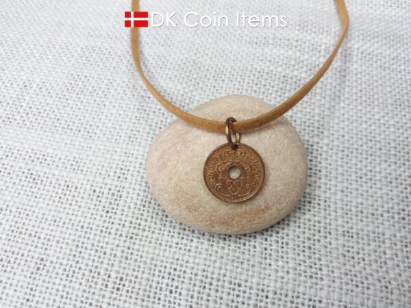 Denmark 1939 Crown C-initial coin pendant necklace with 85 year old copper 1 ore. 85th birthday gift. Antique Danish vintage souvenir gift