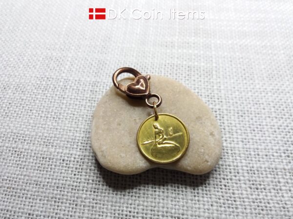 Denmark Little Mermaid charm - Copenhagen vintage 1960s fare token - The Little Mermaid statue - Danish fairy tale souvenir with heart clip