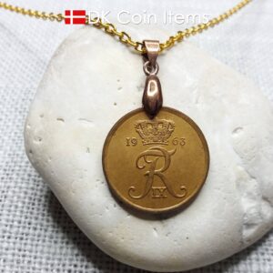 Denmark 1963 coin necklace with 61 year old Crown R initial 5 ore as coin pendant. 61st birthday gift. Danish vintage souvenir