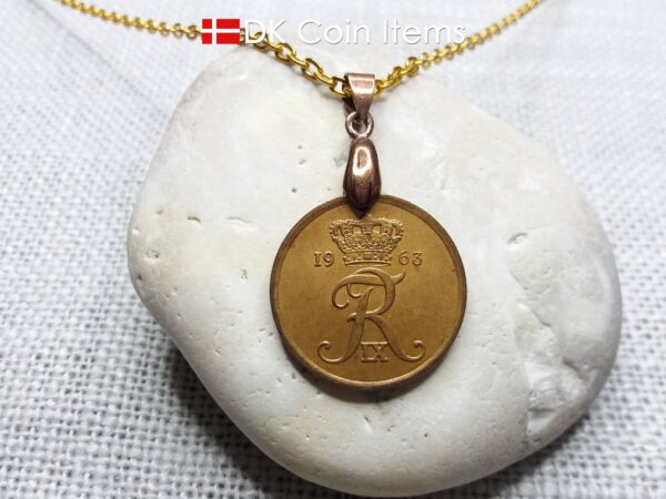 Denmark 1963 coin necklace with 61 year old Crown R initial 5 ore as coin pendant. 61st birthday gift. Danish vintage souvenir