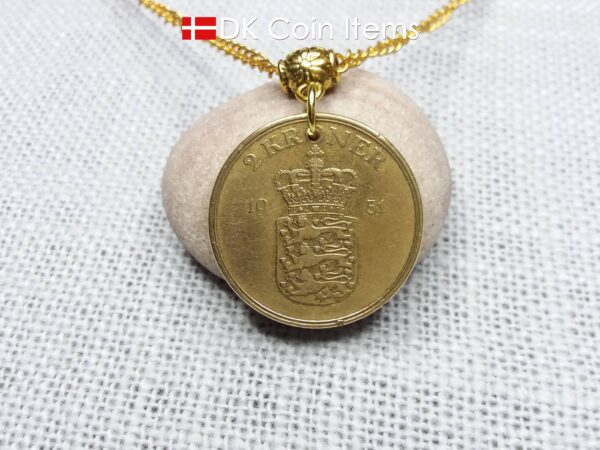 Denmark 1951 Crown Coat of Arms coin necklace with 73 year old golden 2 kroner as coin pendant. 73rd birthday gift. Danish vintage souvenir