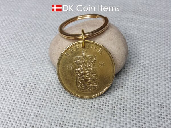 Denmark 1951 Crown Coat of Arms coin keychain with 73 year old golden 2 kroner as coin pendant. 73rd birthday gift. Danish vintage souvenir