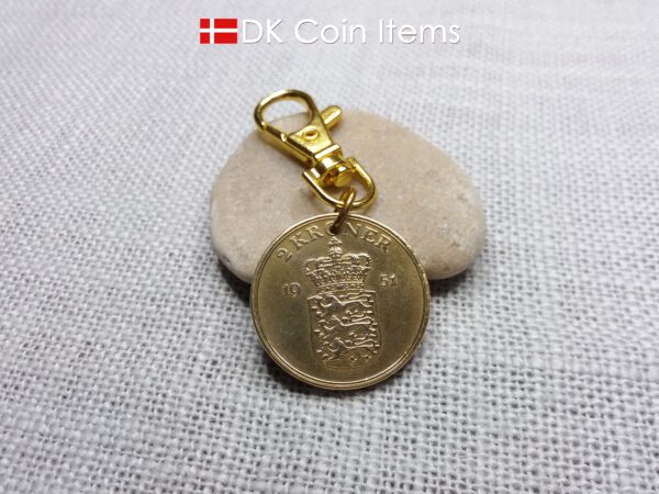 Denmark 1951 Crown Coat of Arms coin charm with 73 year old golden 2 kroner as coin pendant. 73rd birthday gift. Danish vintage souvenir