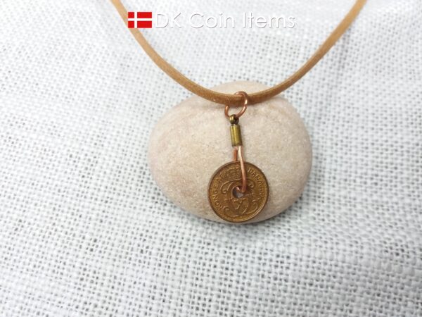 Denmark 1940 Crown C-initial coin necklace with 85 year old copper 1 ore as pendant. 84th birthday gift. Danish vintage souvenir gift