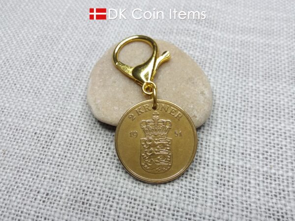 Denmark 1951 coin charm with 73 year old golden Crown Coat of Arms 2 kroner as coin pendant. 73rd birthday gift. Danish vintage souvenir