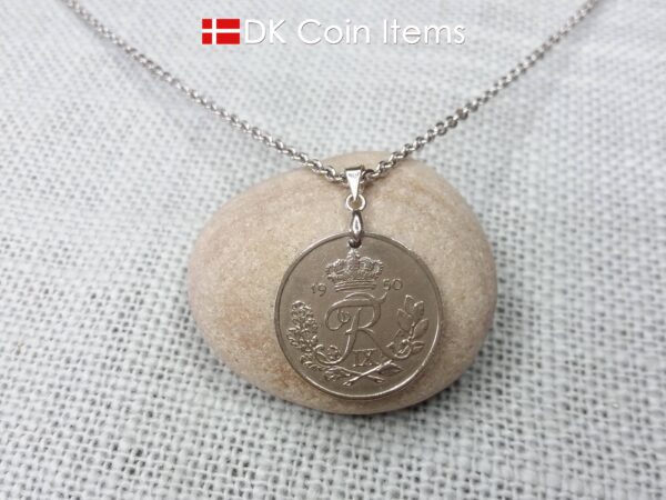 Denmark R-initial 1950 coin necklace with 74 year old 25 ore as coin pendant on pinch bail with snap lock. Cord/Chain options