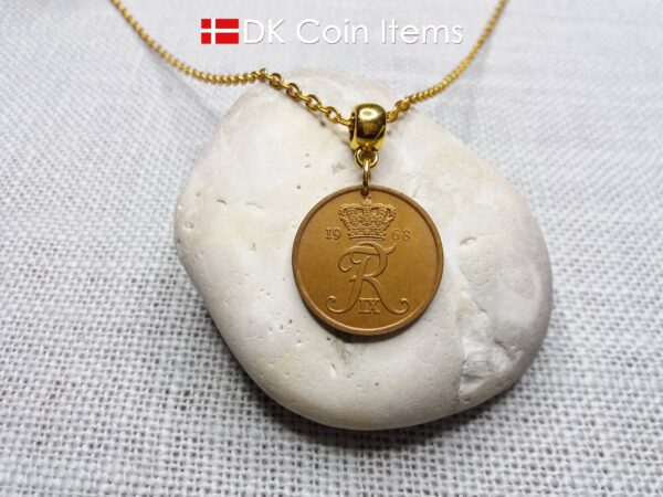 Denmark 1968 coin necklace with 56 year old Crown R initial 5 ore as coin pendant. 56th birthday gift. Danish vintage souvenir