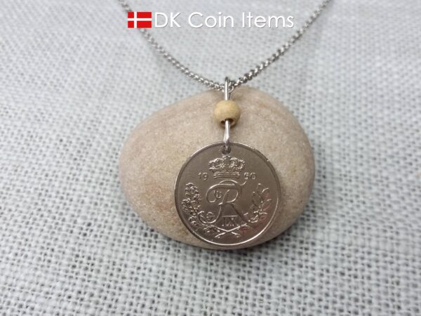 Denmark R-initial 1950 coin necklace with 74 year old 25 ore as coin pendant on wire with tree bead. Cord/Chain options