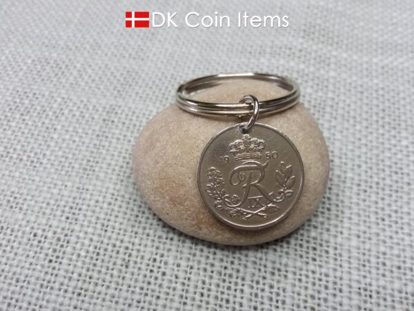 Denmark R-initial 1950 coin keychain with 74 year old 25 ore as coin pendant on 30mm keyring