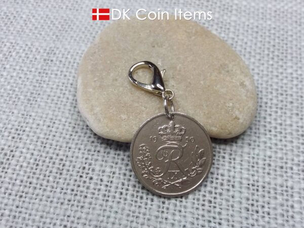 Denmark R-initial 1950 coin charm with 74 year old 25 ore as coin pendant on 18mm lobster claw clasp