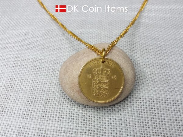 Denmark 1948 coin necklace with golden 76 year old Coat of Arms 1 krone as coin pendant. Cord/Chain options