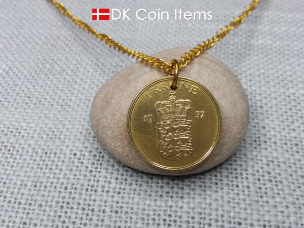 Denmark 1957 coin necklace with golden 67 year old Coat of Arms 1 krone as coin pendant. Cord/Chain options