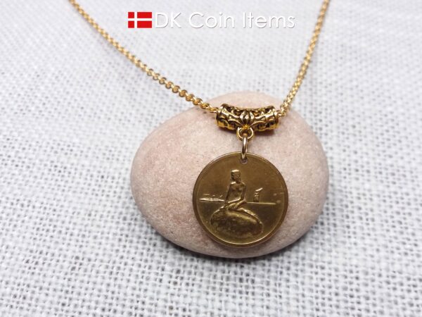 Denmark Mermaid necklace. The Danish Little Mermaid statue on Copenhagen vintage fare token. Chain included