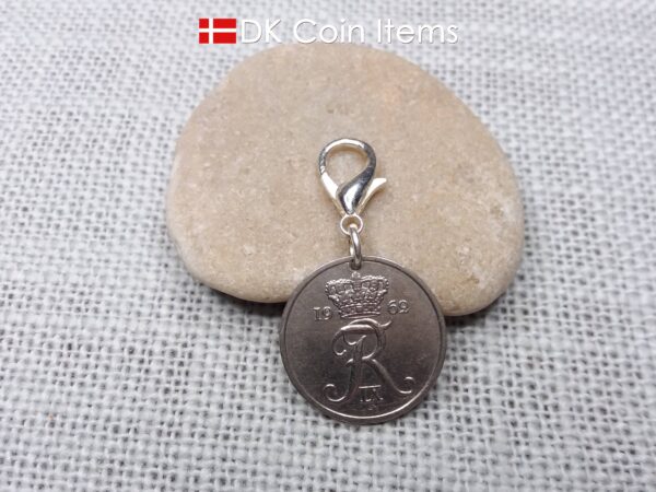 Denmark 1962 R-initial coin charm with 62 year old 25 ore as coin pendant on 18mm lobster claw clasp