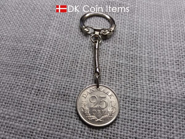 Denmark 1966 coin keychain with 58 year old Crown R initial 25 ore as coin pendant. 58th birthday gift. Danish vintage souvenir