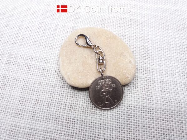 Denmark 1962 R-initial coin charm with 62 year old 25 ore as coin pendant on swivel unit and lobster claw clasp