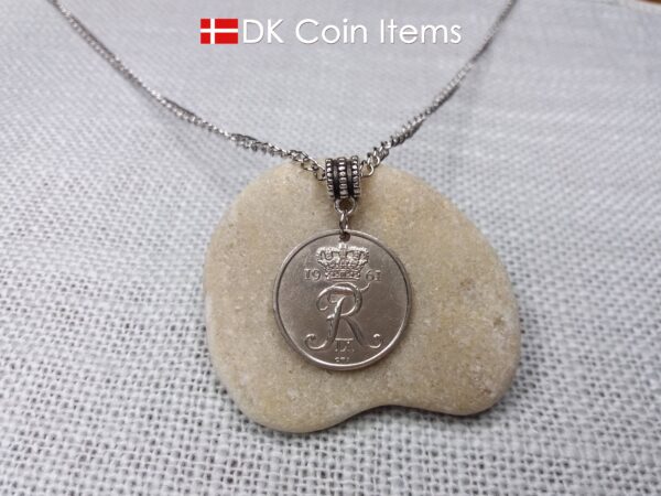 Denmark 1961 coin necklace with 63 year old Crown R initial 25 ore as coin pendant. 63rd birthday gift. Danish vintage souvenir