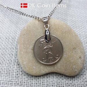 Denmark 1961 coin pendant necklace with 63 year old Crown R initial 25 ore. 63rd birthday gift. Danish vintage souvenir