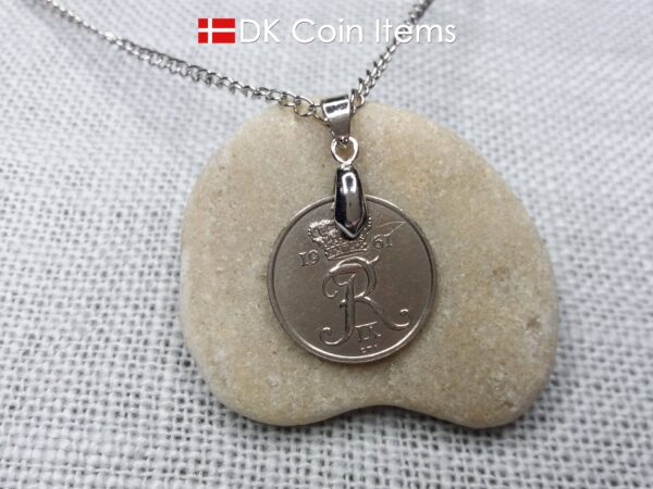 Denmark 1961 coin pendant necklace with 63 year old Crown R initial 25 ore. 63rd birthday gift. Danish vintage souvenir