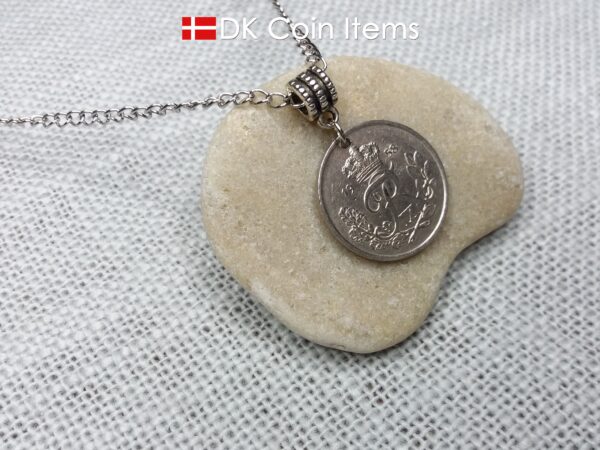 Denmark 1958 coin pendant necklace with 66 year old Crown R initial 25 ore as coin pendant. 66th birthday gift. Danish vintage souvenir