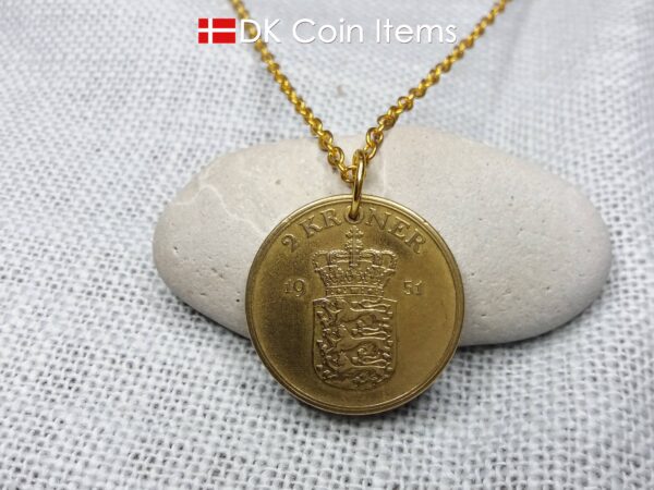 Denmark 1951 coin necklace with 73 year old golden Coat of Arms coin pendant with Royal Crown 2 krone. 73rd birthday gift. Vintage souvenir