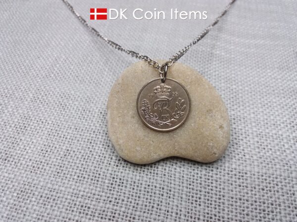 Denmark 1955 coin pendant necklace with 69 year old Crown R initial 25 ore as coin pendant. 69th birthday gift. Danish vintage souvenir