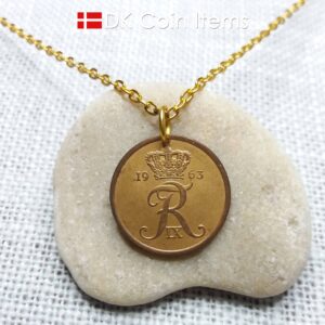 Denmark 1963 coin pendant necklace with Crown R initial. 61 year old 5 ore. 61st birthday gift. Danish vintage souvenir