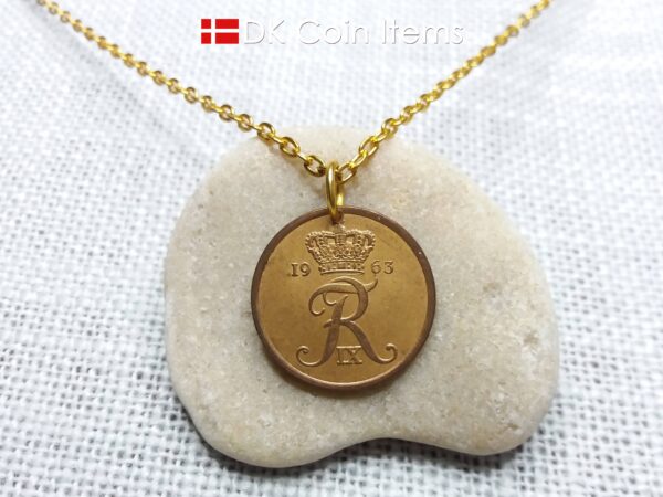 Denmark 1963 coin pendant necklace with Crown R initial. 61 year old 5 ore. 61st birthday gift. Danish vintage souvenir