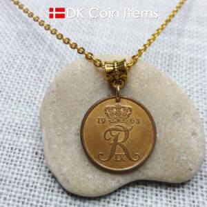 Denmark 1963 coin necklace with Crown R initial. 61 year old 5 ore pendant. 61st birthday gift. Danish vintage souvenir