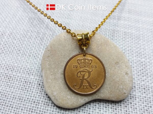 Denmark 1963 coin necklace with Crown R initial. 61 year old 5 ore pendant. 61st birthday gift. Danish vintage souvenir