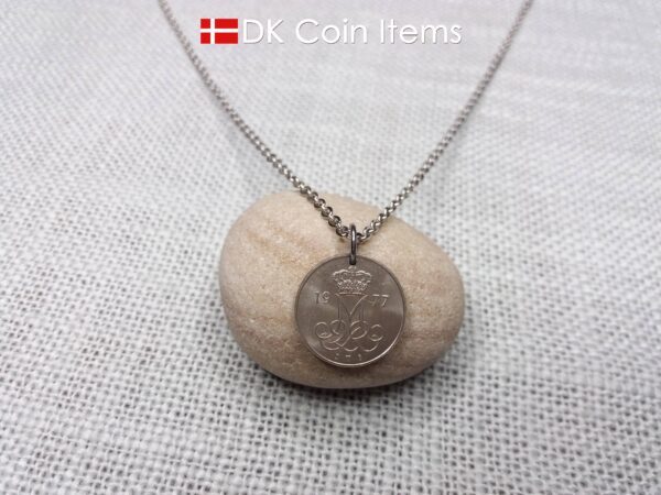 Denmark 1977 coin pendant necklace with Crown M initial. 47 year old 10 ore. 47th birthday gift. Danish vintage souvenir