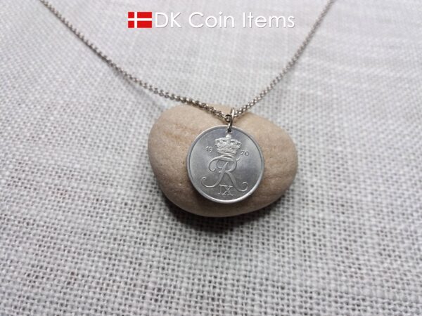 Denmark 1970 coin necklace with 54 year old Crown R initial 2 ore as coin pendant. Unique 54th birthday gift or Danish vintage souvenir