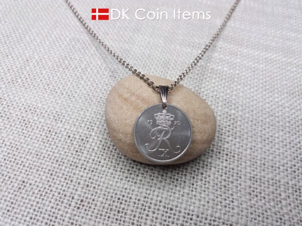 Denmark 1970 coin pendant necklace with 54 year old Crown R initial 2 ore. Unique 54th birthday gift or Danish vintage souvenir