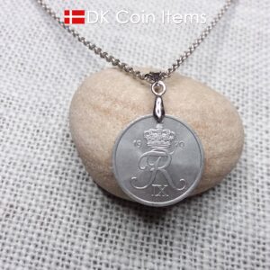 1970 coin pendant necklace with 54 year old Danish Crown R initial 2 ore. Unique 54th birthday gift or Danish vintage souvenir