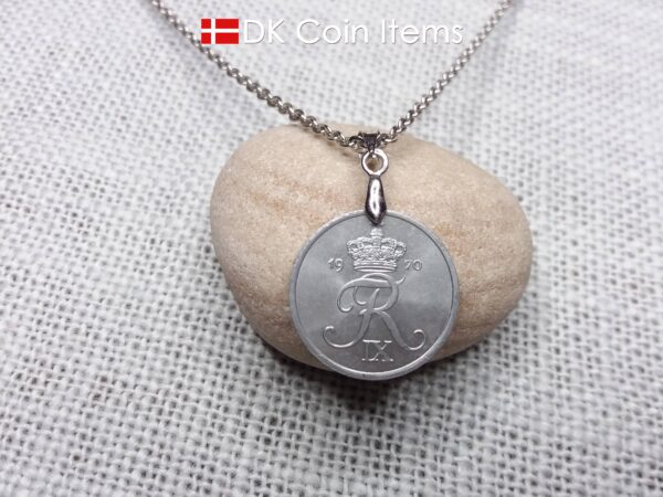 1970 coin pendant necklace with 54 year old Danish Crown R initial 2 ore. Unique 54th birthday gift or Danish vintage souvenir