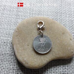 Denmark 1970 coin charm with 54 year old Crown R initial 1 ore as coin pendant. Unique 54th birthday gift or Danish vintage souvenir