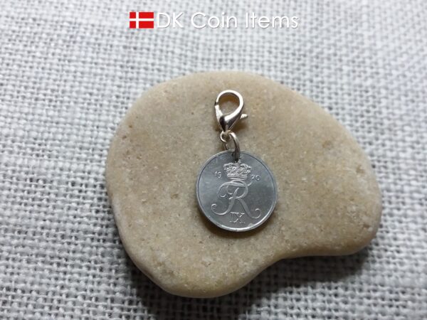 Denmark 1970 coin charm with 54 year old Crown R initial 1 ore as coin pendant. Unique 54th birthday gift or Danish vintage souvenir