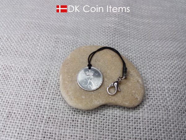 Denmark 1970 coin pendant charm with 54 year old Crown R initial 1 ore. Unique 54th birthday gift or Danish vintage souvenir